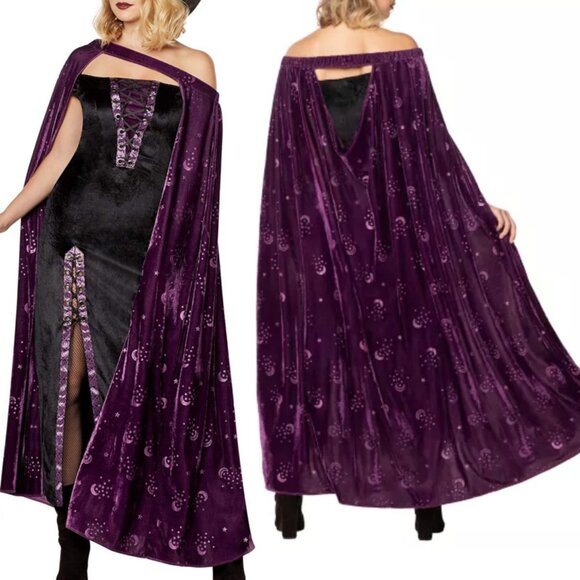 Spirit Halloween Adult Celestial Witch Costume Black Dress Velvet Purple Cape - Picture 1 of 8
